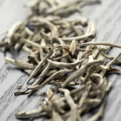 Close-up of silver needle white tea in close-up.