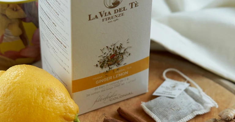 Image of box white of tea with lemons and ginger.