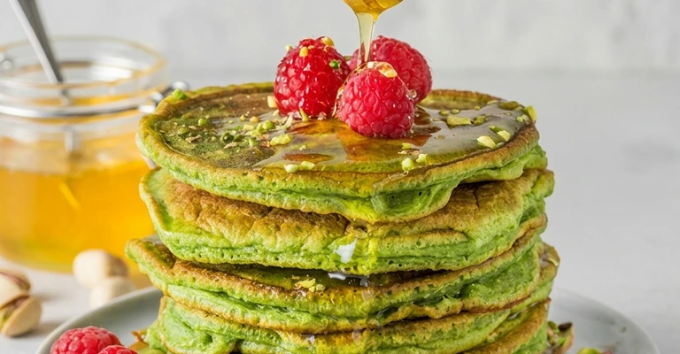 Torre di pancake verdi, probabilmente al matcha, con miele che cola dall’alto e lamponi freschi come decorazione.